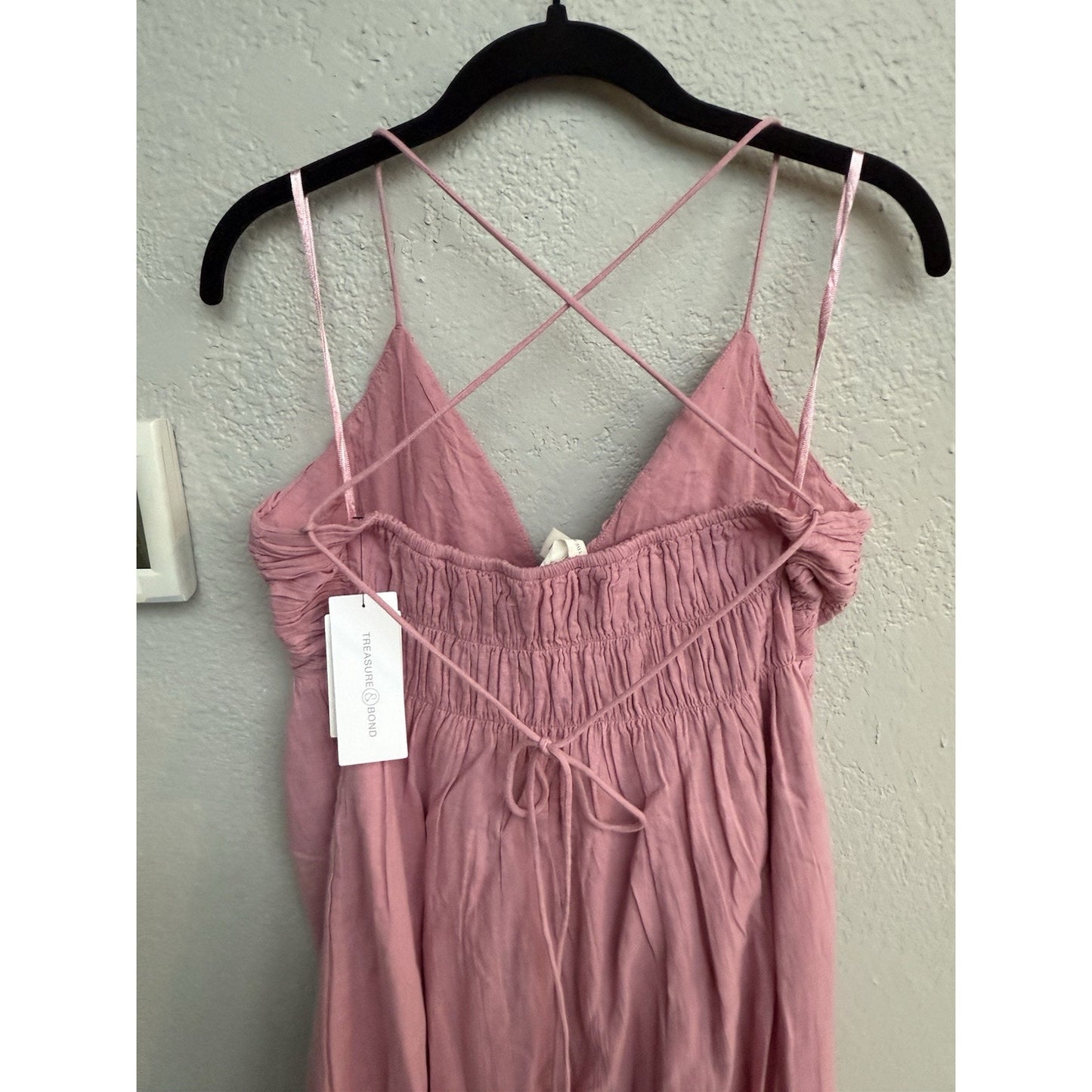 Treasure & Bond Smocked Bodice Strappy Back Cotton Maxi Dress in Pink - XL - MSRP $89