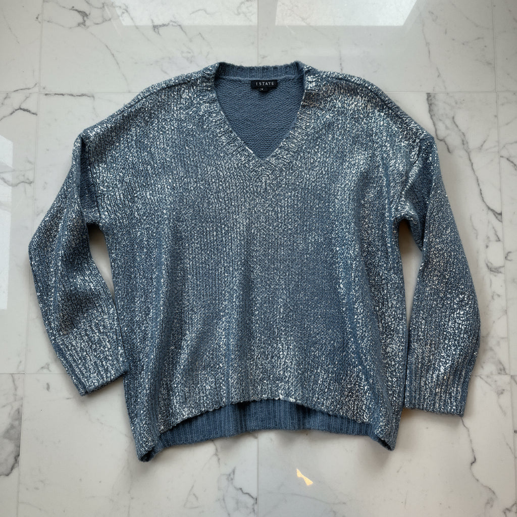 1 State Blue Silver Metallic Sweater - Small