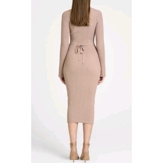 WAYF ALEXI Long Sleeve Ribbed Belt Midi Beige Dress - Size Medium