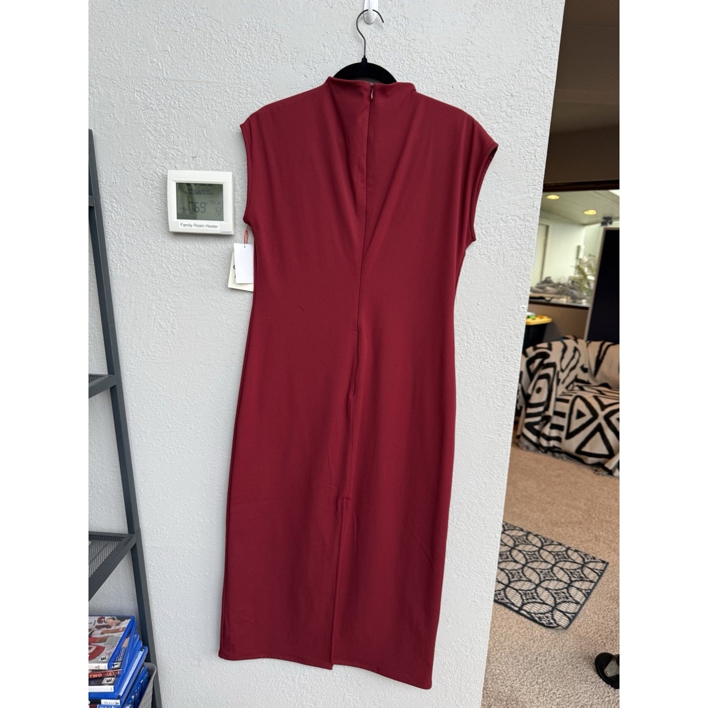 Open Edit Smooth Edit Funnel Neck Midi Dress Cap Sleeves in Red - L - New