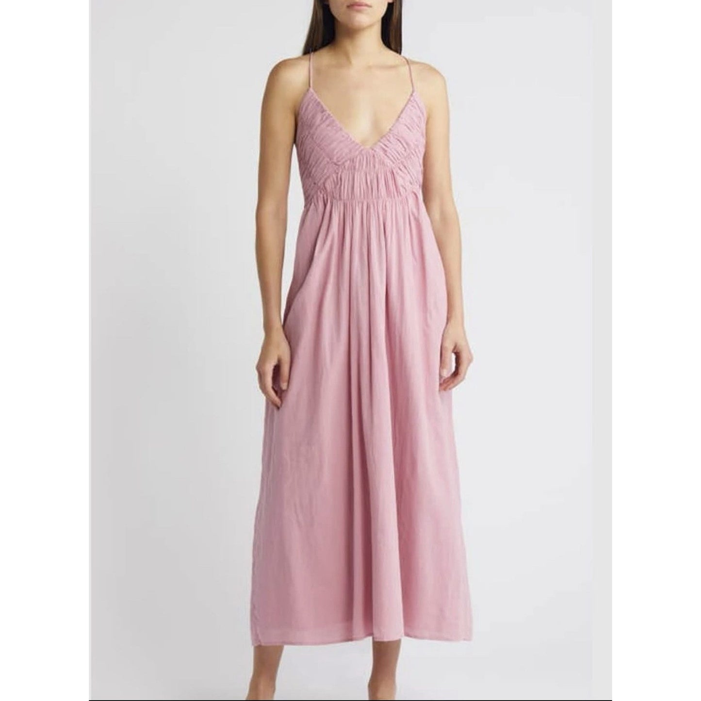 Treasure & Bond Smocked Bodice Strappy Back Cotton Maxi Dress in Pink - XL - MSRP $89