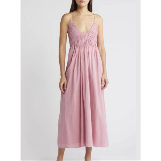 Treasure & Bond Smocked Bodice Strappy Back Cotton Maxi Dress in Pink - XL - MSRP $89