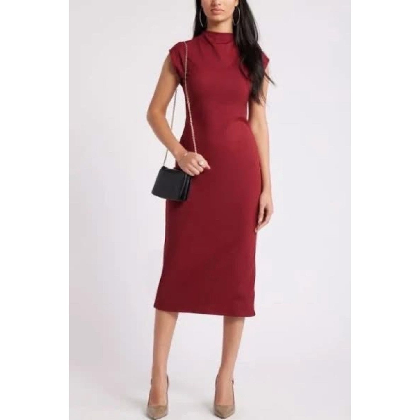 Open Edit Smooth Edit Funnel Neck Midi Dress Cap Sleeves in Red - L - New