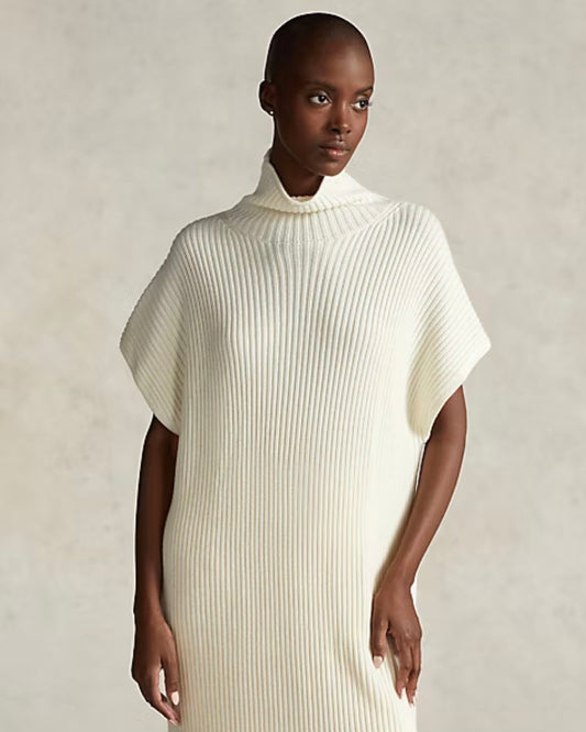 Rib-Knit Wool Mockneck Sweater Dress in Cream - Size M - *PI