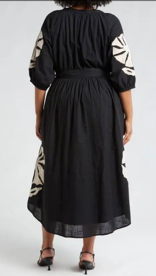 Ciebon Tiana Embroidered Black Cotton Midi Dress - Size Medium