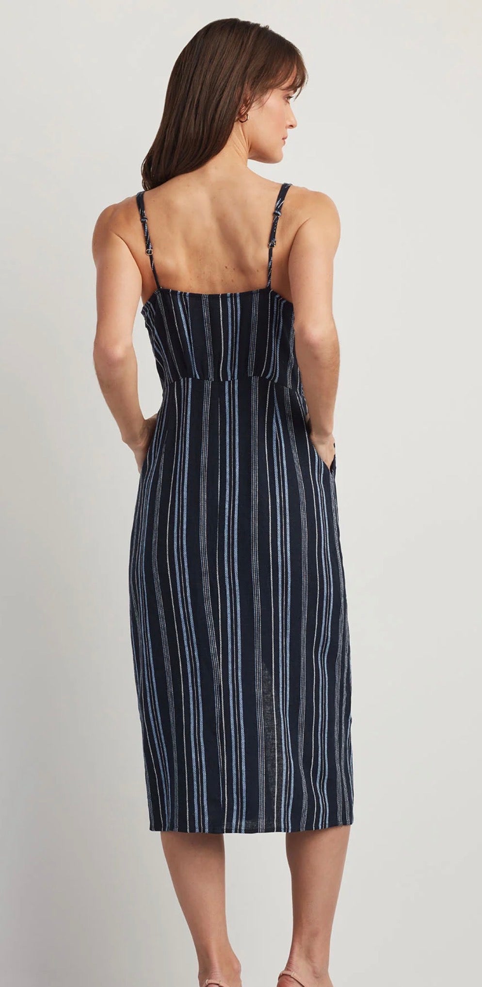 Ellen Tracy Tie Front Linen Blend Dress in Navy with Stripes - Size Small
