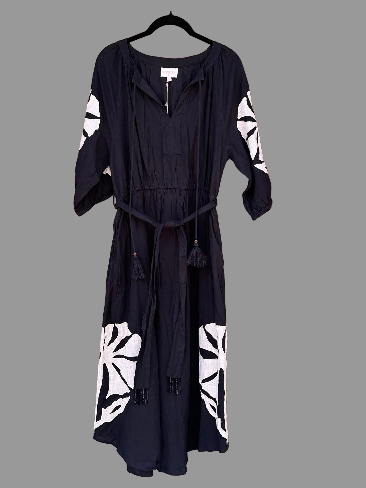 Ciebon Tiana Embroidered Black Cotton Midi Dress - Size Medium