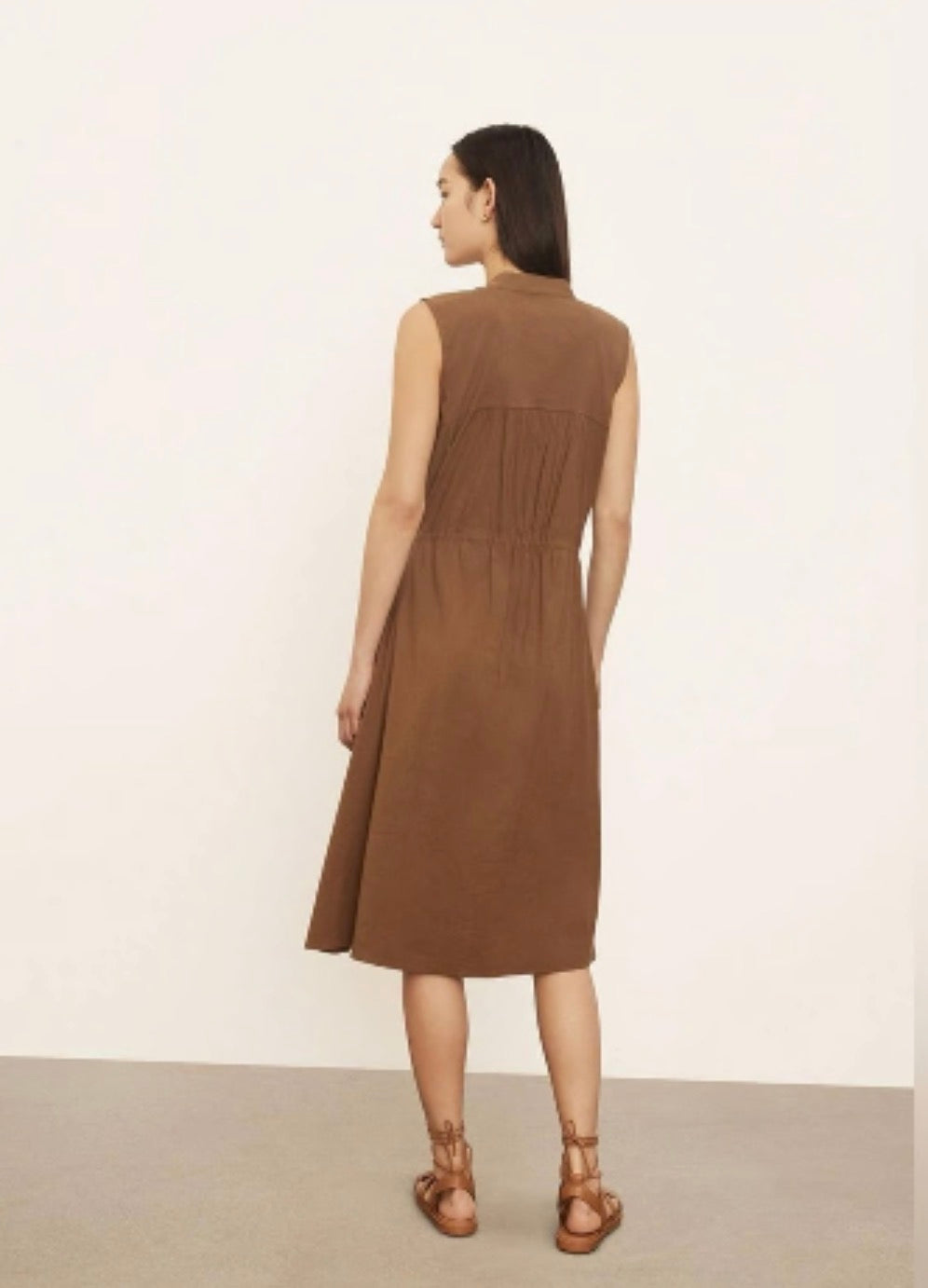 Vince Sleeveless Shirred Band Collar Brown Midi Dress - Size Medium