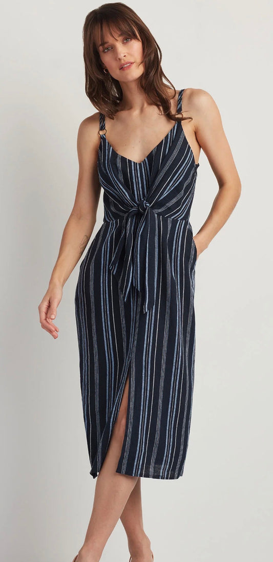 Ellen Tracy Tie Front Linen Blend Dress in Navy with Stripes - Size Small