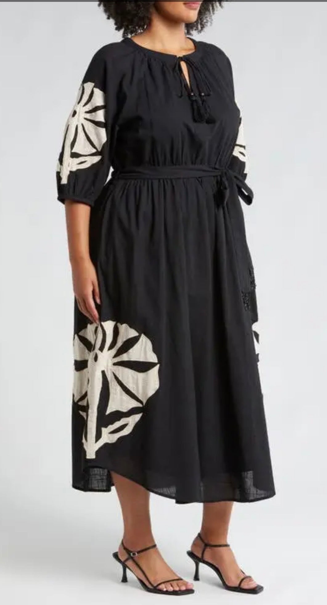Ciebon Tiana Embroidered Black Cotton Midi Dress - Size Medium