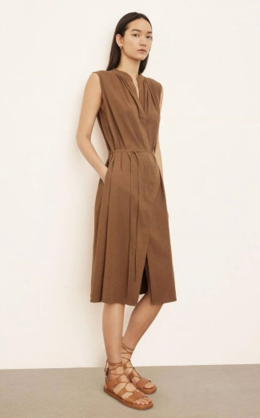 Vince Sleeveless Shirred Band Collar Brown Midi Dress - Size Medium