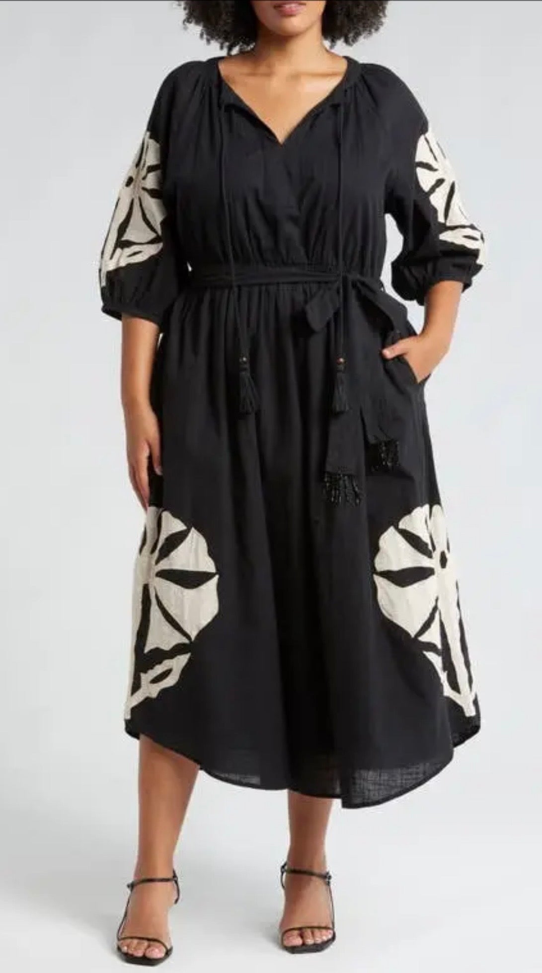 Ciebon Tiana Embroidered Black Cotton Midi Dress - Size Medium