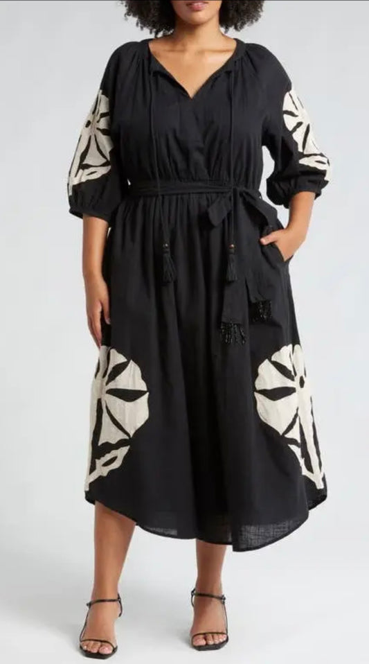 Ciebon Tiana Embroidered Black Cotton Midi Dress - Size Medium