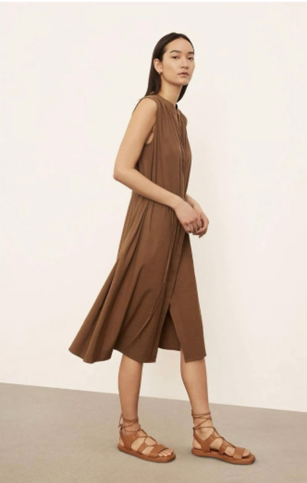 Vince Sleeveless Shirred Band Collar Brown Midi Dress - Size Medium