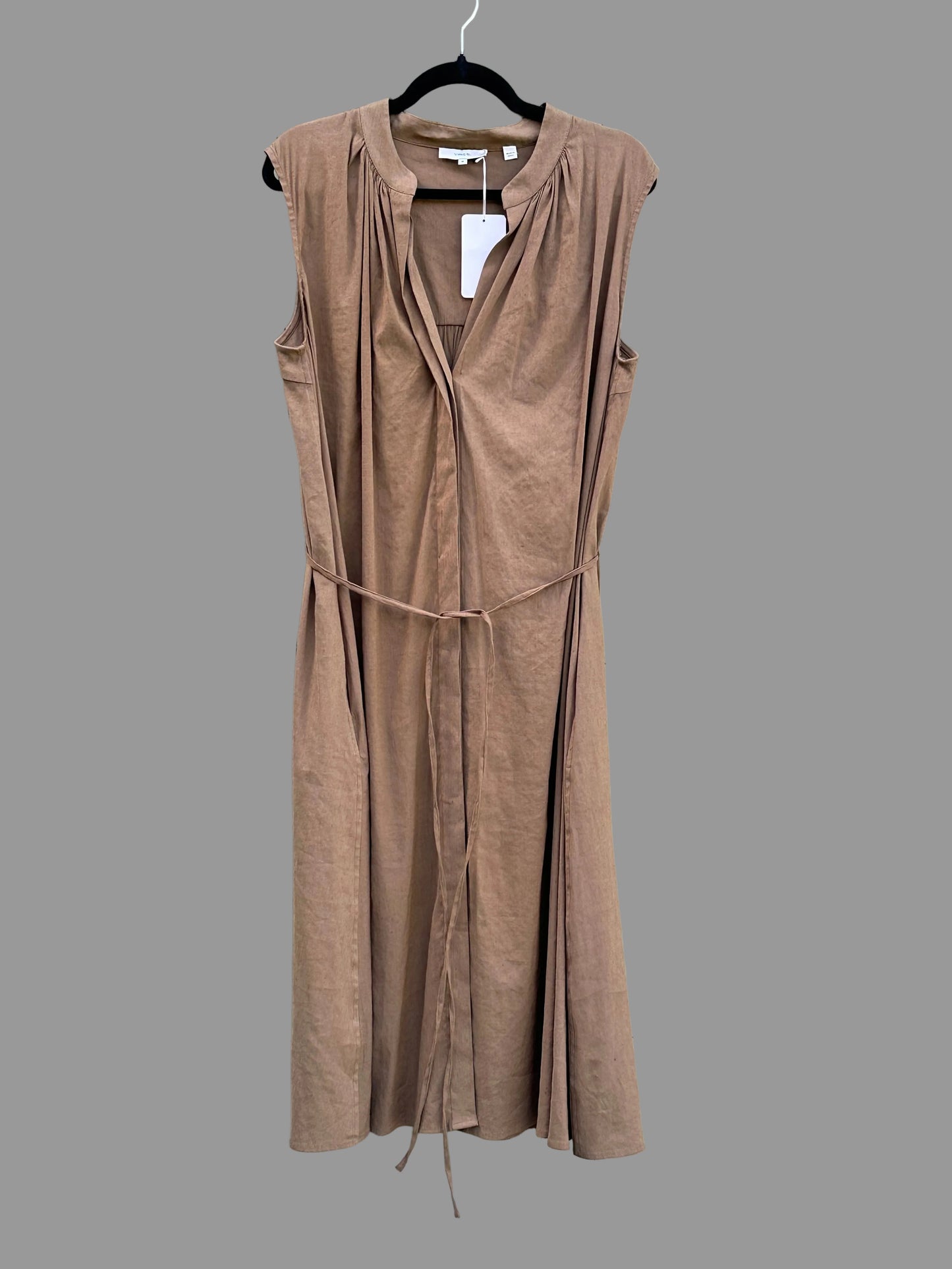 Vince Sleeveless Shirred Band Collar Brown Midi Dress - Size Medium