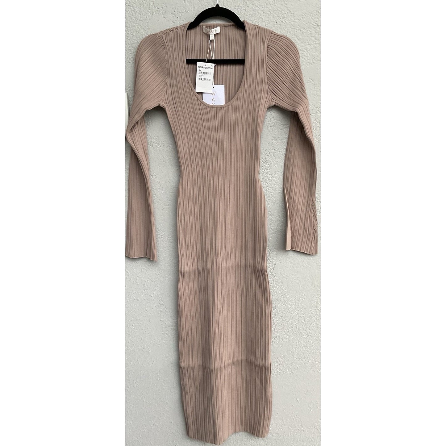 WAYF ALEXI Long Sleeve Ribbed Belt Midi Beige Dress - M - New With Tag -MSRP $99