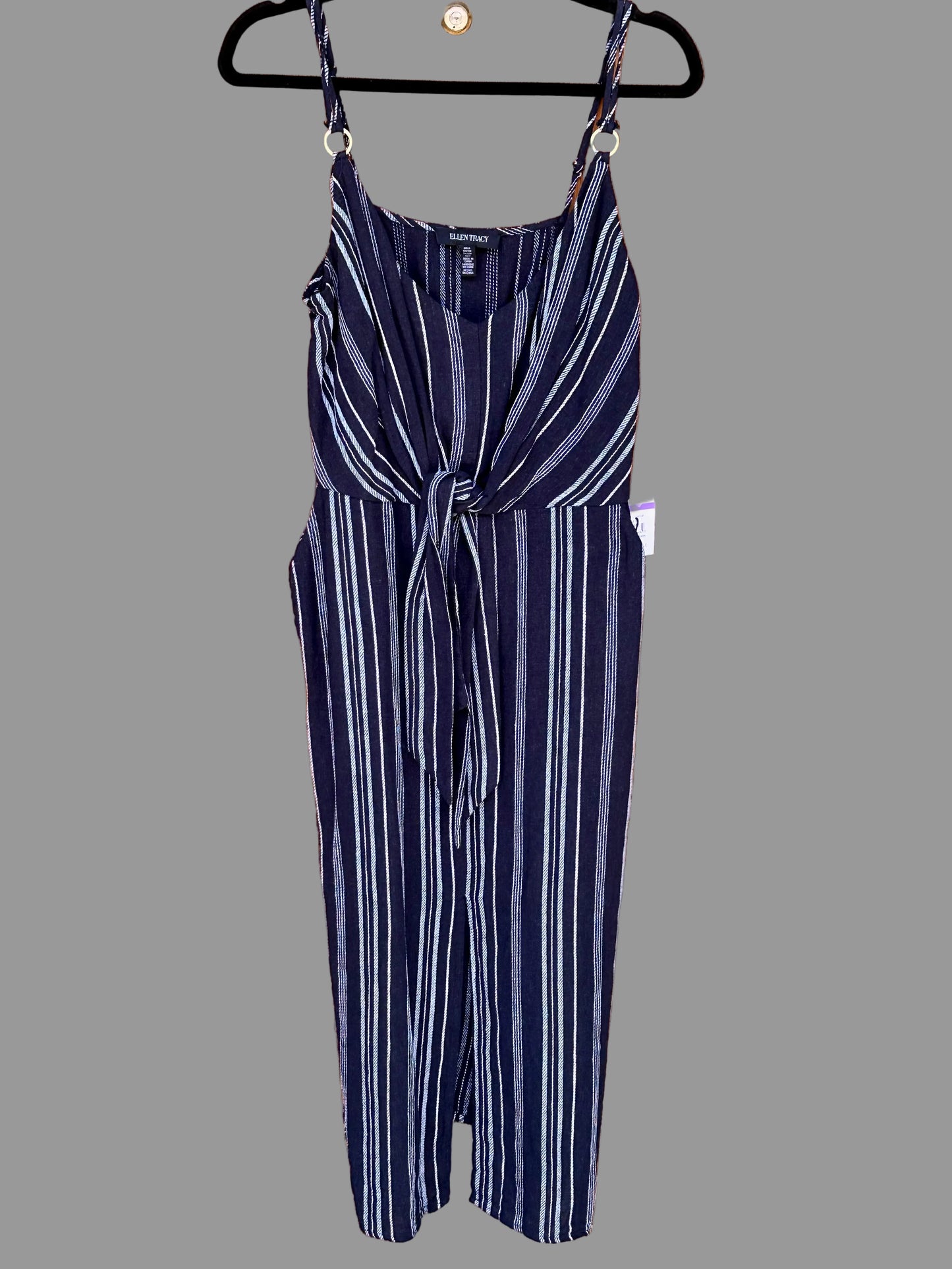 Ellen Tracy Tie Front Linen Blend Dress in Navy with Stripes - Size Small