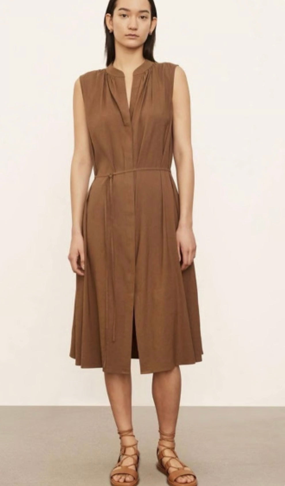 Vince Sleeveless Shirred Band Collar Brown Midi Dress - Size Medium