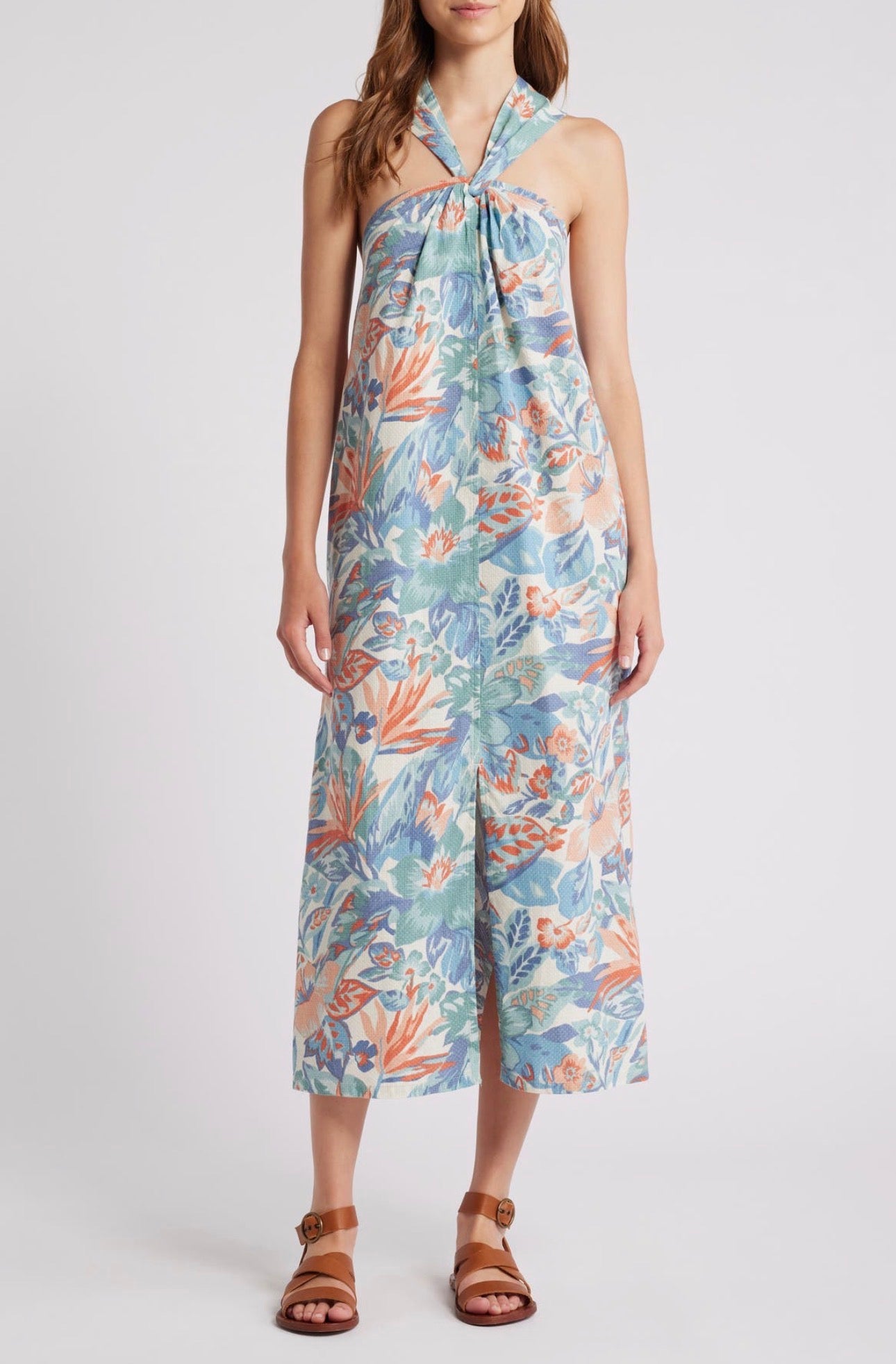 Faherty Bay Twist Seersucker Halter Floral Dress - Size Small