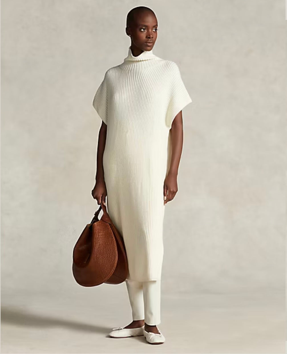 Rib-Knit Wool Mockneck Sweater Dress in Cream - Size M - *PI