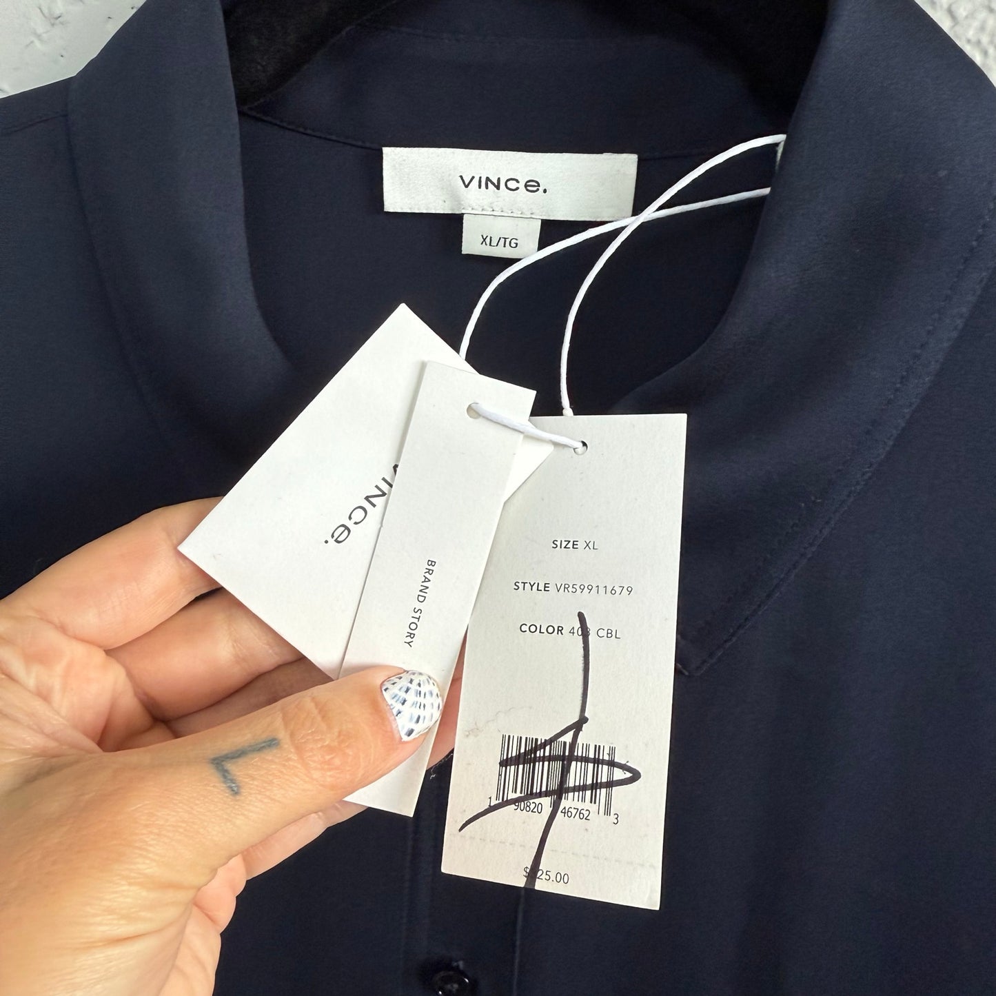 Vince Navy Stretch Silk Blouse -Size XL