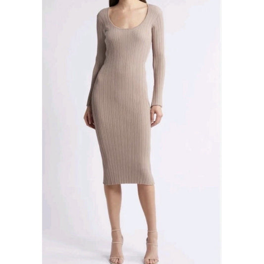 WAYF ALEXI Long Sleeve Ribbed Belt Midi Beige Dress - M - New With Tag -MSRP $99