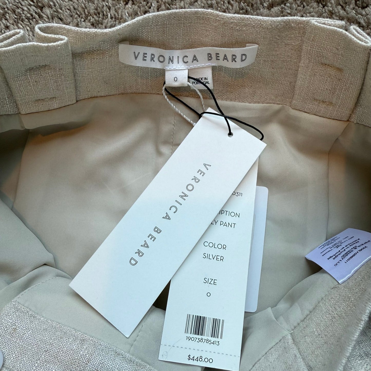 NWT Veronica Beard Zelly Pants in Beige with Silver Hue - Size 0